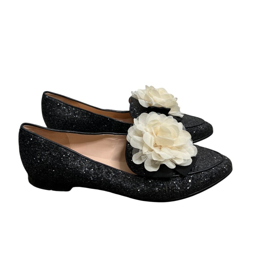 Kate Spade Cinda Black Glitter Sparkle Loafers 9.5 M Floral Chiffon Flower Bow